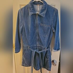 Free People 3/4 Sleeve Zip Up Denim Shortall Romper Size 6